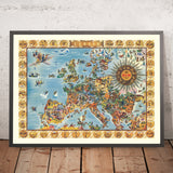 Ancienne carte de l'Europe par KLM, 1967 : Illustrations fantaisistes, points culturels, avions 