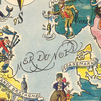 Old Pictorial Map of Western Europe by Liozu, 1951: Post-WWII Era, Illustrated Landmarks, Culture, Flags