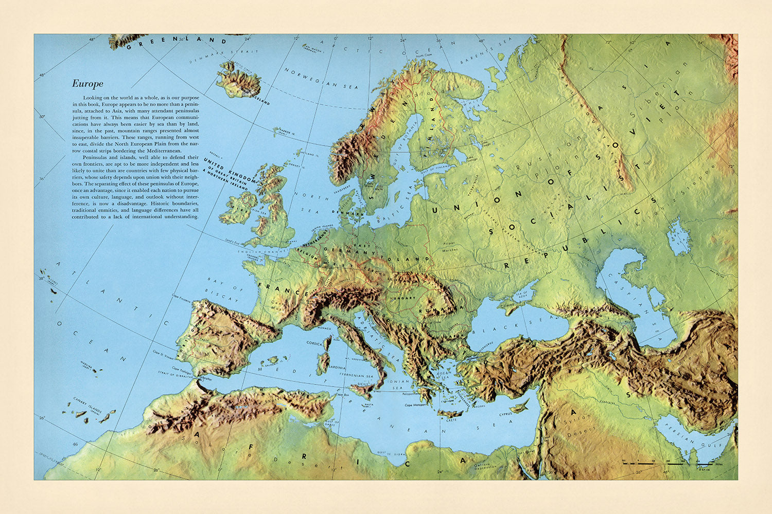 Old Shadow Relief Map of Europe by Debenham, 1958: Detailed Physical M ...