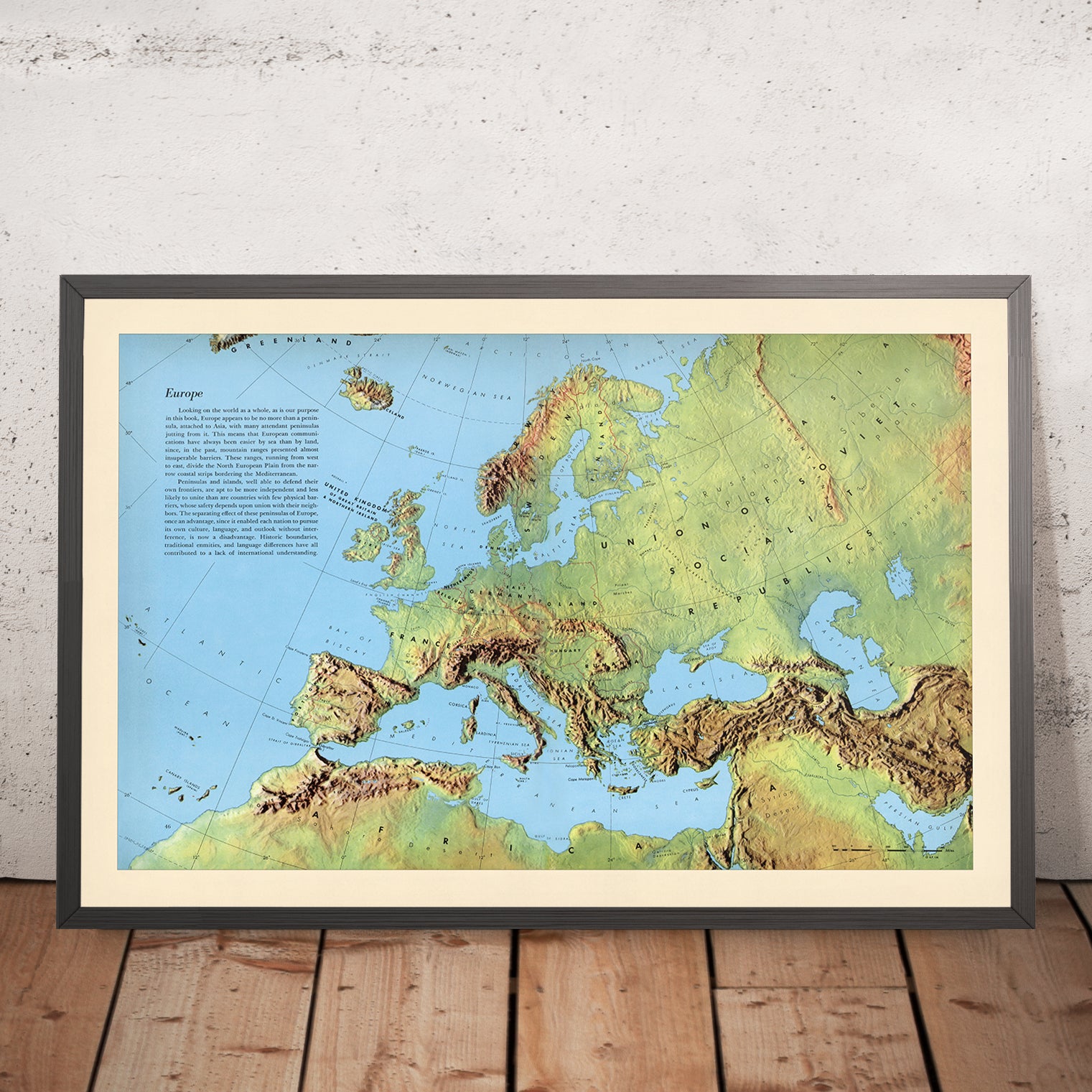 Old Shadow Relief Map of Europe by Debenham, 1958: Detailed Physical M ...