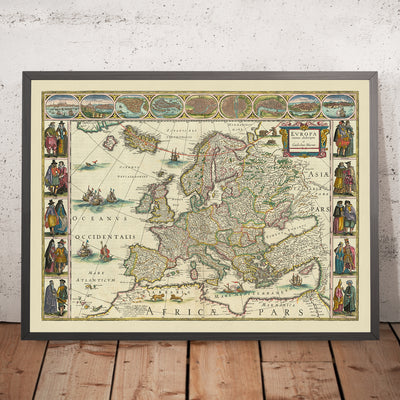 Ancienne carte de l'Europe par Blaeu, 1630 : richement ornée, illustrations culturelles, éléments mythiques