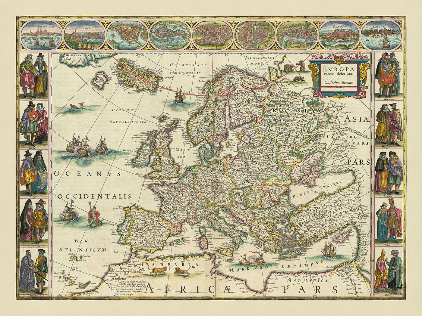 Alte Europakarte von Blaeu, 1630: Reich verziert, kulturelle Illustrationen, mythische Elemente