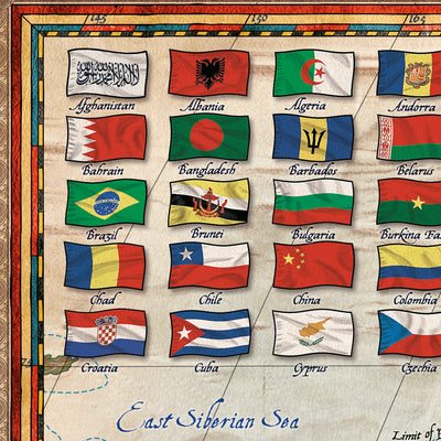 Carte du monde exécutive par Ray&Co, 2025 : Relief océanique 3D, esthétique vintage, chaque drapeau 