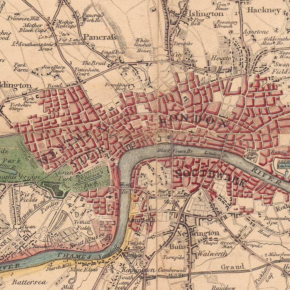 Alte Karte von London und den Vororten (25 Meilen) im Jahr 1790, von W. Faden - Kent, Sussex, Surrey, Essex, Middlesex, Hertfordshire 