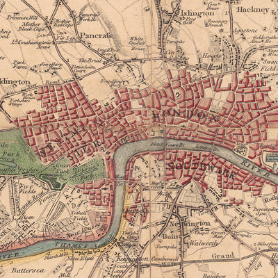 Alte Karte von London und den Vororten (25 Meilen) im Jahr 1790, von W. Faden - Kent, Sussex, Surrey, Essex, Middlesex, Hertfordshire 