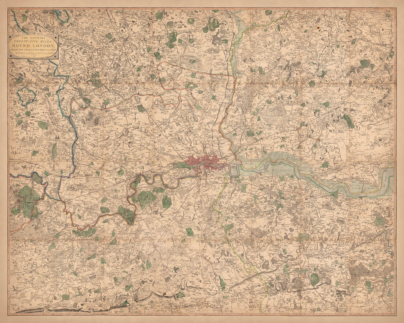 Alte Karte von London und den Vororten (25 Meilen) im Jahr 1790, von W. Faden - Kent, Sussex, Surrey, Essex, Middlesex, Hertfordshire 