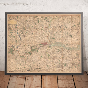 Mappa antica di Londra e dei sobborghi (25 miglia) nel 1790, di W. Faden - Kent, Sussex, Surrey, Essex, Middlesex, Hertfordshire 