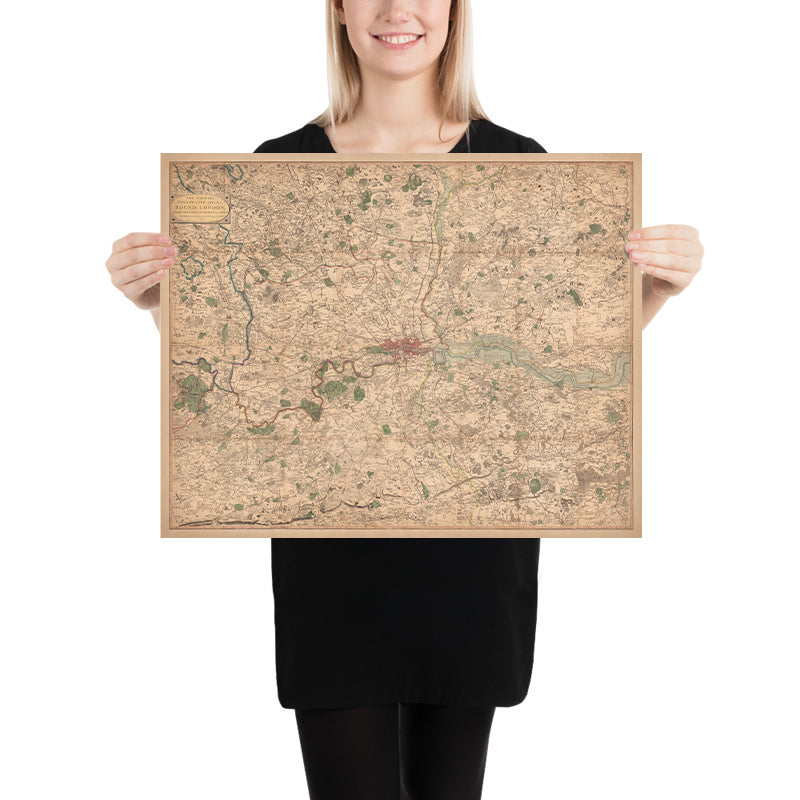 Alte Karte von London und den Vororten (25 Meilen) im Jahr 1790, von W. Faden - Kent, Sussex, Surrey, Essex, Middlesex, Hertfordshire 