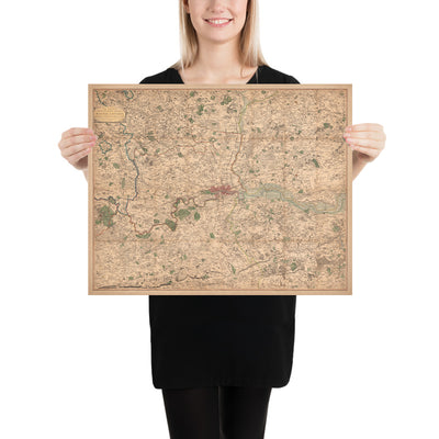Alte Karte von London und den Vororten (25 Meilen) im Jahr 1790, von W. Faden - Kent, Sussex, Surrey, Essex, Middlesex, Hertfordshire 