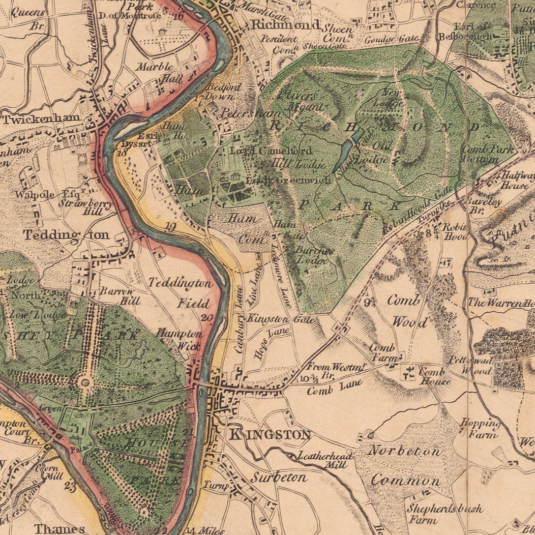 Alte Karte von London und den Vororten (25 Meilen) im Jahr 1790, von W. Faden - Kent, Sussex, Surrey, Essex, Middlesex, Hertfordshire 