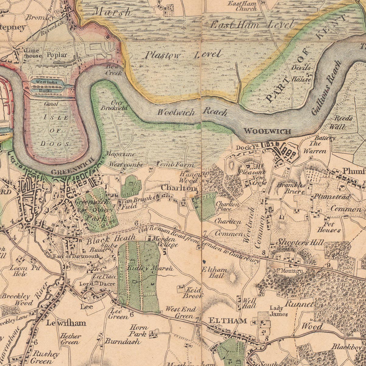 Alte Karte von London und den Vororten (25 Meilen) im Jahr 1790, von W. Faden - Kent, Sussex, Surrey, Essex, Middlesex, Hertfordshire 