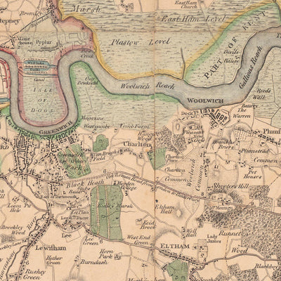 Alte Karte von London und den Vororten (25 Meilen) im Jahr 1790, von W. Faden - Kent, Sussex, Surrey, Essex, Middlesex, Hertfordshire 