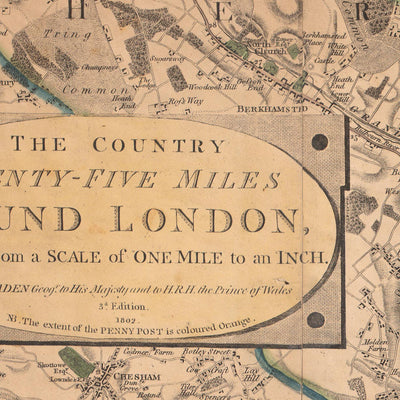 Alte Karte von London und den Vororten (25 Meilen) im Jahr 1790, von W. Faden - Kent, Sussex, Surrey, Essex, Middlesex, Hertfordshire 