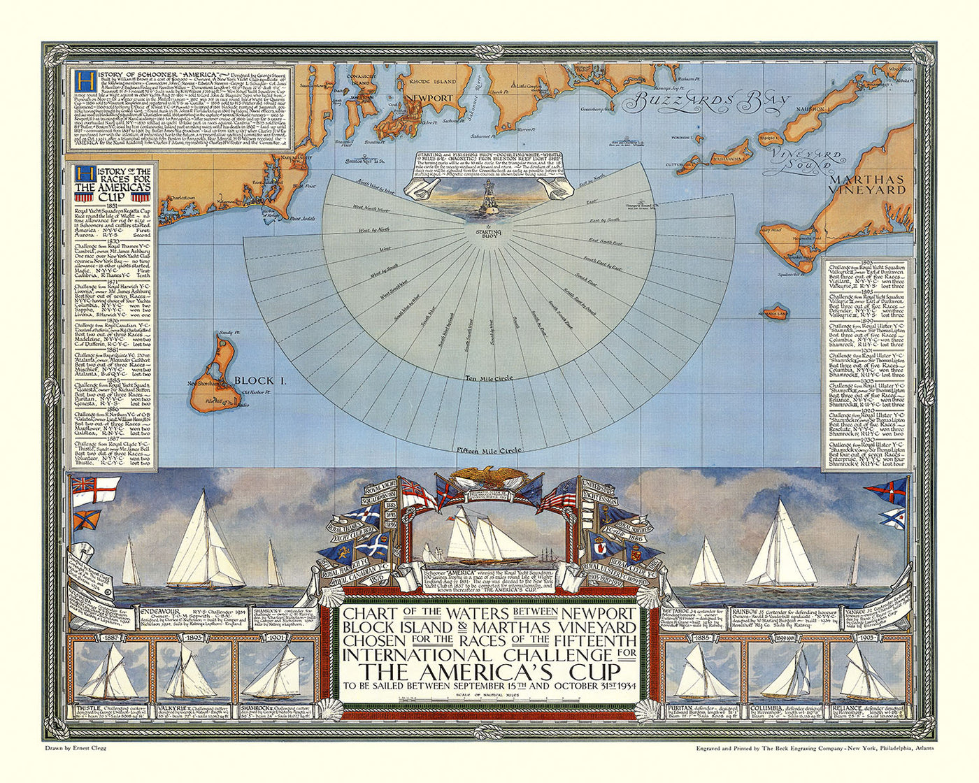 Ancienne carte nautique de la Coupe de l'America par Clegg, 1934 : Newport, Martha's Vineyard, Endeavour contre Rainbow