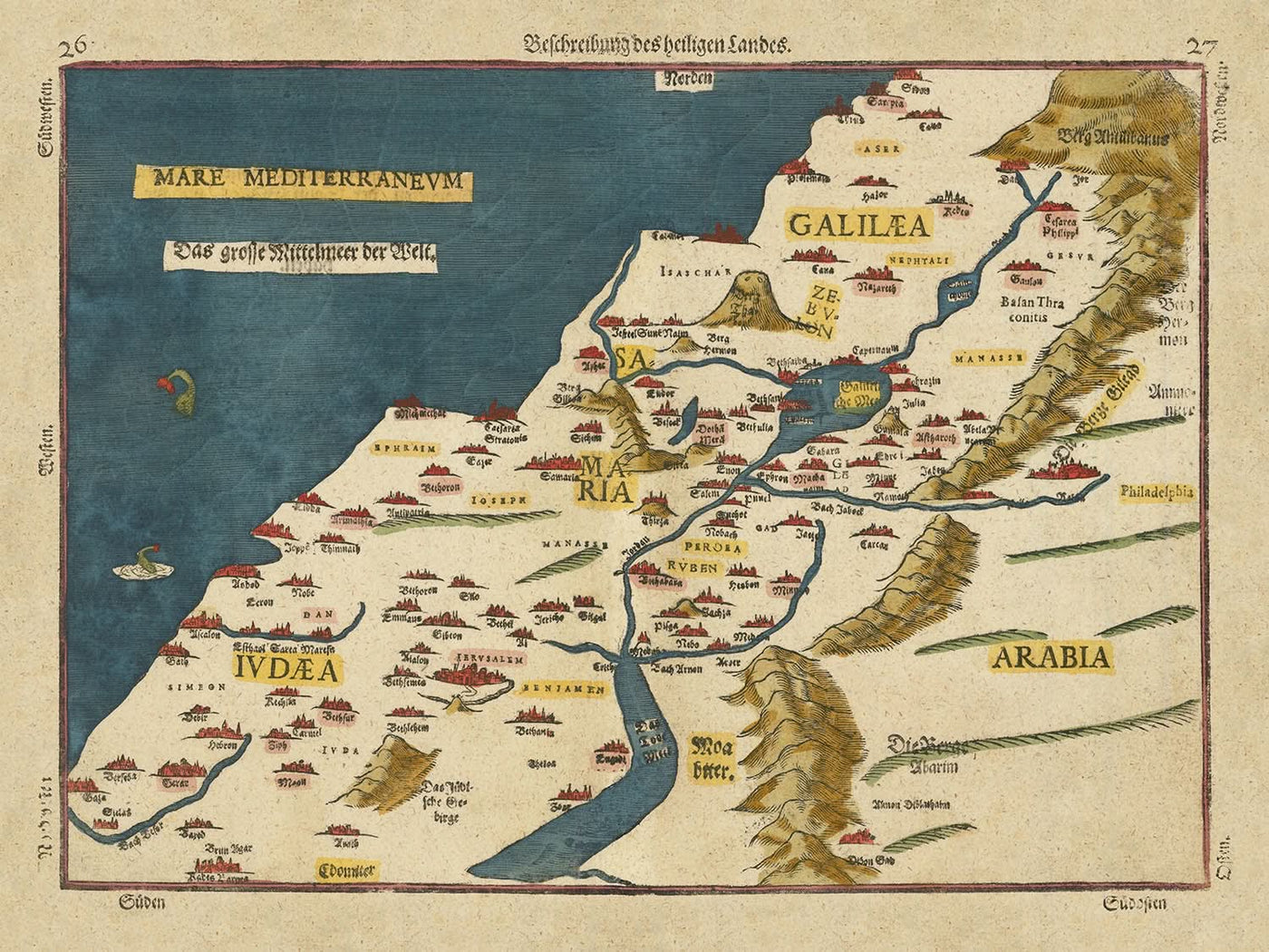 Mapa antiguo de Israel de Bunting, 1581: Jerusalén, río Jordán, mar Muerto, monte Carmelo, monstruos marinos