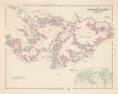 Old Map of Falkland Islands by Arrowsmith, 1848: Port Stanley, Charlotte Bay, Port Ross, Inset World