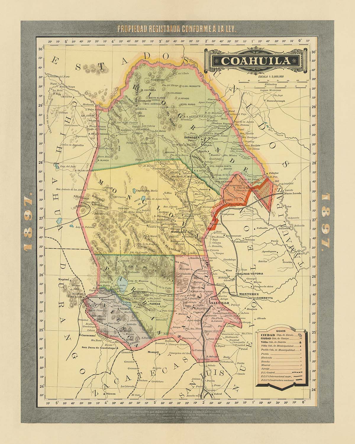 Old Map of Coahuila by García y Cubas, 1897: Saltillo, Torreón, Monclova, Railroads, Rio Grande