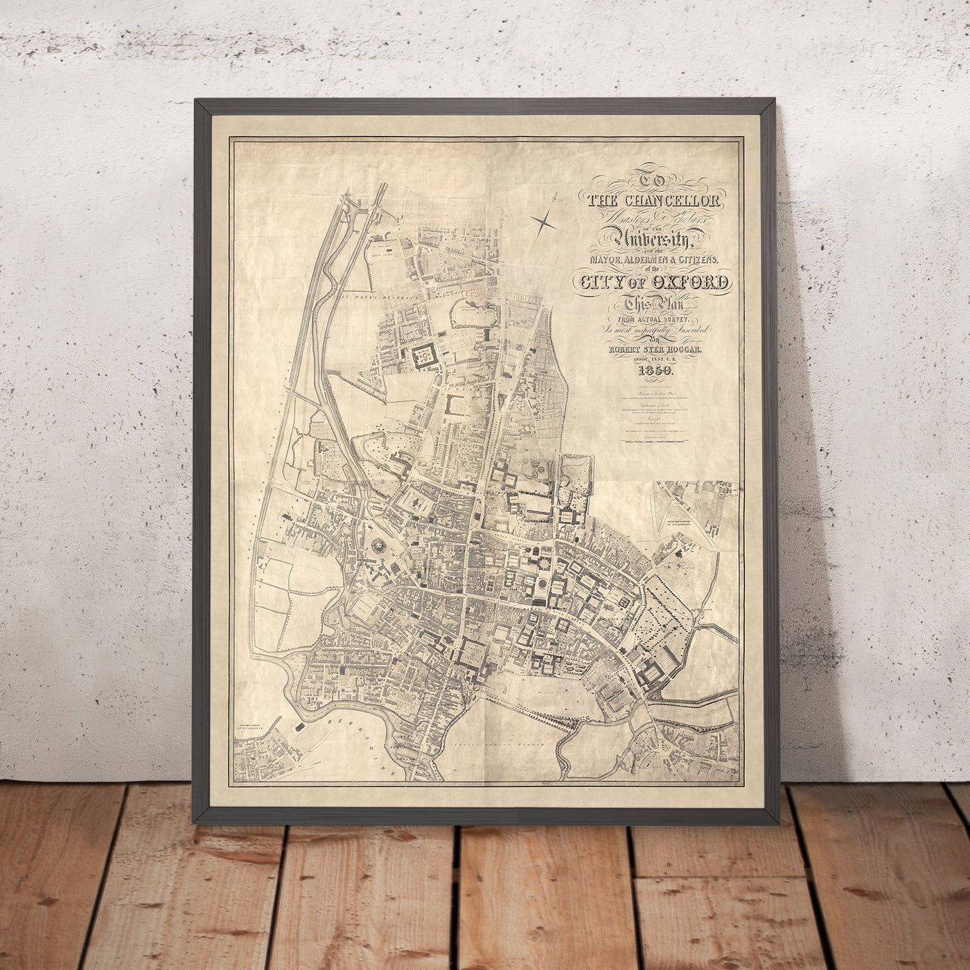 Large Old Map of Oxford by Hoggar, 1850: Colleges, St. Giles', High St, Magdalen St, River Thames