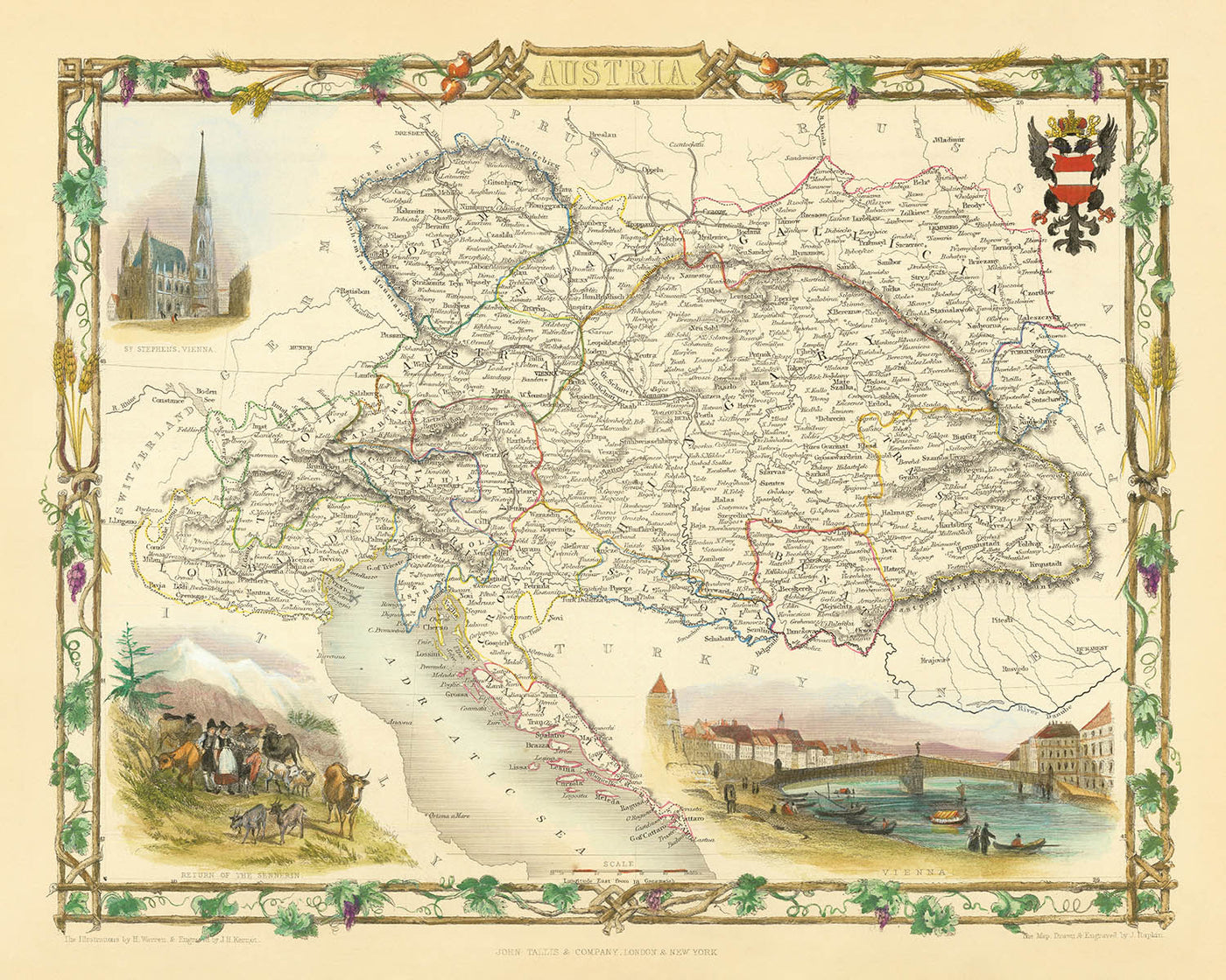 Old Map of Austria by Tallis, 1851: Vienna, Alps, Danube River, Salzburg, Prague