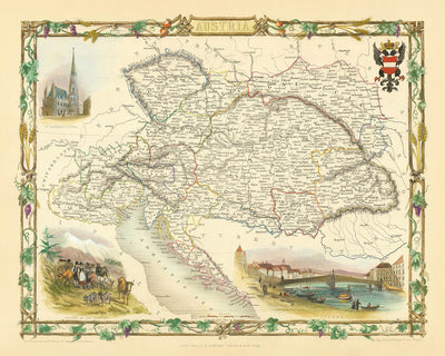 Old Map of Austria by Tallis, 1851: Vienna, Alps, Danube River, Salzburg, Prague
