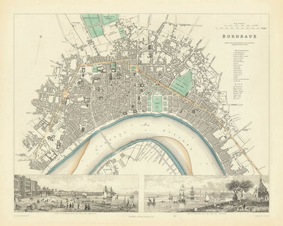 Ancienne carte de Bordeaux, 1870 : Chartrons, Bastide, Quai des Chartrons, Église Saint-Michel, Jardin Public