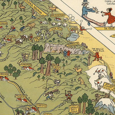 Alte bildliche Karte von Kalifornien von Mora, 1927: LA, SF, Yosemite, Sierra Nevada, Goldrausch 