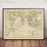 Old Map of the Indian Ocean & East Indies by François Valentijn, 1724: Dutch VOC Trade Routes, Early Australia