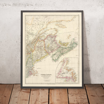 Old Map of Lower Canada by Arrowsmith, 1844: Montreal, Quebec, Newfoundland, New Brunswick, Nova Scotia