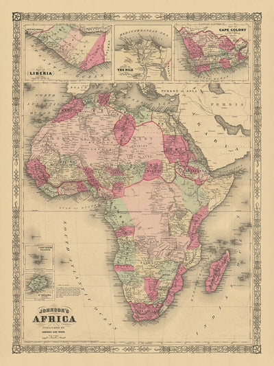 Old Map of Africa by Johnson, 1864: Colonial Borders, Explorer Routes, Cape Town & Liberia Inset