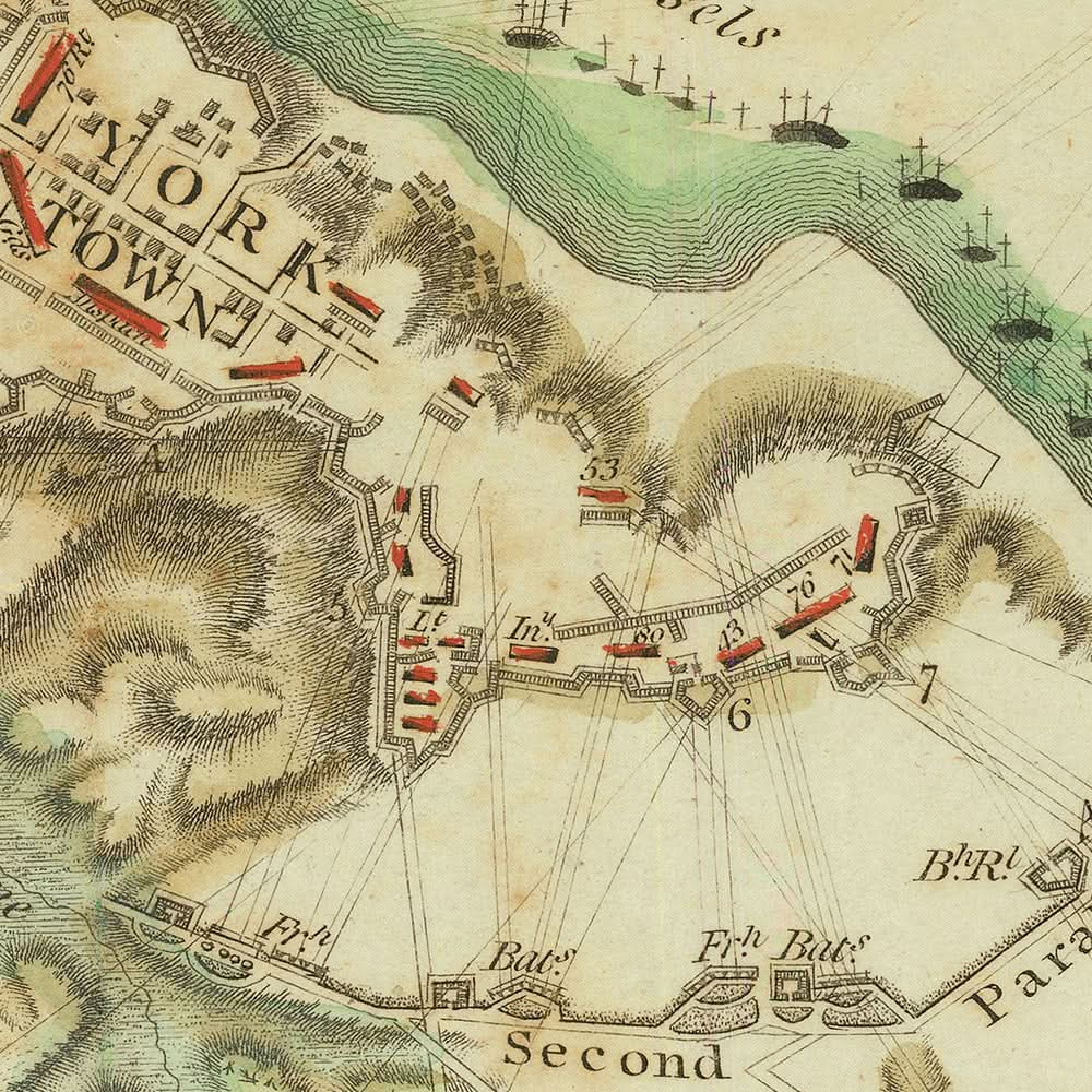 Antiguo mapa militar del asedio de Yorktown por Stedman, 1793: Yorktown, Gloucester, reductos 9 y 10, flota francesa, Washington