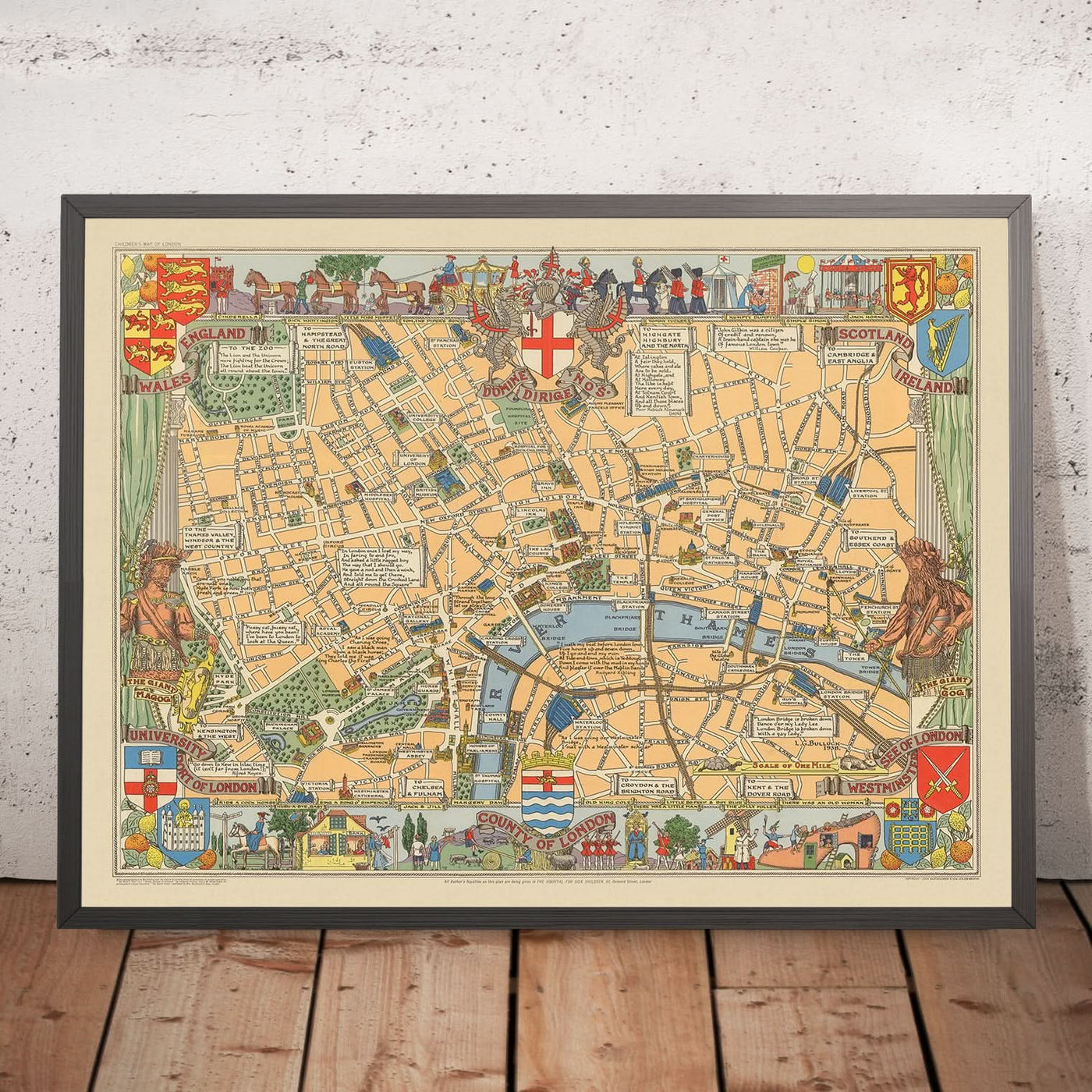 Alte Bildkarte von London von Bullock, 1938: Tower of London, St. Paul's, Westminster, Hyde Park, Themse.