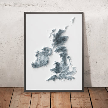 A framed image of a 3D style topographic relief map ofBritish Isles (England, Wales, Scotland, Northern Ireland, Ireland)