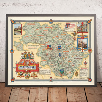 Mapa ilustrado antiguo de West Riding of Yorkshire, realizado por Clegg en 1946: Leeds, Bradford, ríos, citas de Churchill, escudos de armas