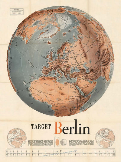 Old WW2 World Map by Manning, 1943: "Target Berlin" Bomber Distance Chart