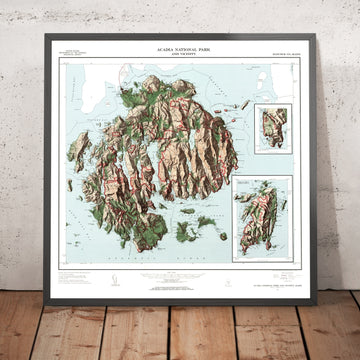 Alte Reliefkarte des Acadia-Nationalparks, 1971: Cadillac Mountain, Bar Harbor, Somes Sound, Schoodic, Jordan Pond 