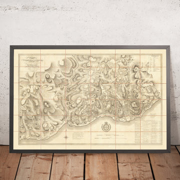 Antigua Mapa Militar de Lisboa, 1814: Jerónimos, Castelo de S. Jorge, Praça do Comércio, Río Tajo 