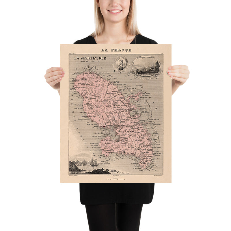 Old Map of Martinique, Lesser Antilles by Vuillemin, 1869: Fort-de-France, Saint-Pierre, Sugar Cane