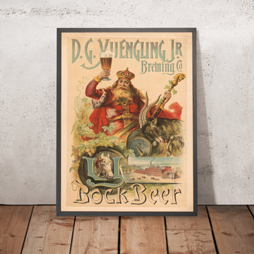 A framed image of D.G. Yuengling Jr. Brewing Co. Vintage Bock Beer Poster by Louis Deutz, 1890