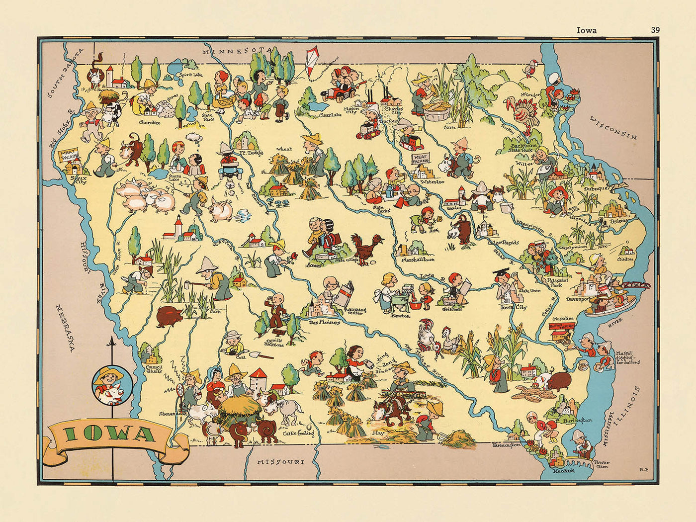 Pictorial Map of Iowa by Ruth Taylor White, 1935: Des Moines, Cedar Rapids, Davenport, Corn Farming, Mississippi River