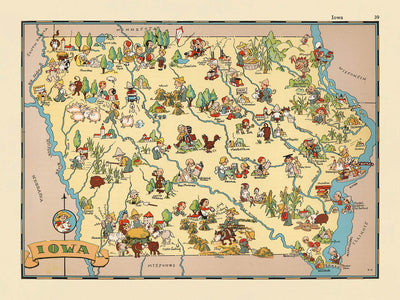 Pictorial Map of Iowa by Ruth Taylor White, 1935: Des Moines, Cedar Rapids, Davenport, Corn Farming, Mississippi River