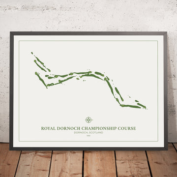 A framed image of Royal Dornoch Championship Course in the style of a simple and modern golf course map