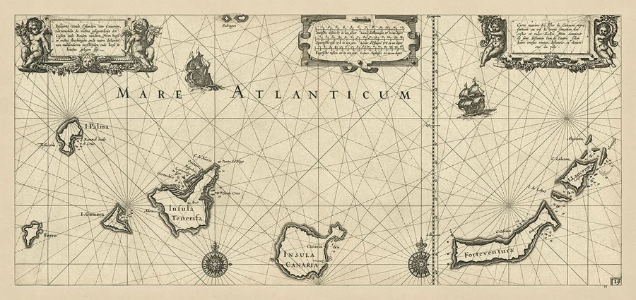 Ancienne carte nautique des îles Canaries par Blaeu, 1608 : Lanzarote, Tenerife, Gran Canaria