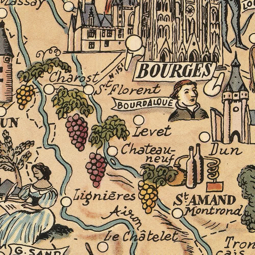 Carte ancienne de la province du Centre par Liozu, 1951 : Orléans, Bourges, vignobles, châteaux, costumes