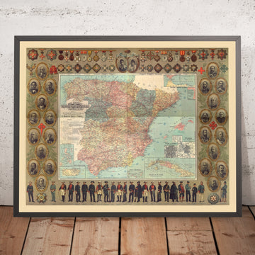 Large Old Map of Spain and its Colonies by Eraso, 1895: Civil Guard, Madrid, Barcelona, Cuba, Puerto Rico, Canaries