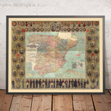 Large Old Map of Spain and its Colonies by Eraso, 1895: Civil Guard, Madrid, Barcelona, Cuba, Puerto Rico, Canaries