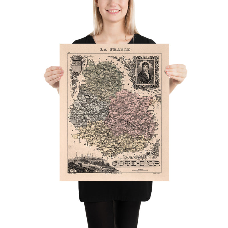 Old Map of Côte-d'Or by Vuillemin, 1869: Dijon, Beaune, Vineyards, Rivers, Coats-of-Arms