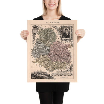Old Map of Côte-d'Or by Vuillemin, 1869: Dijon, Beaune, Vineyards, Rivers, Coats-of-Arms