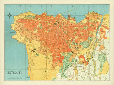 Old Map of Beirut, Lebanon 1949: Hotel Normandy, Hippodrome, Pine Forest, Beirut Port, Railway Lines