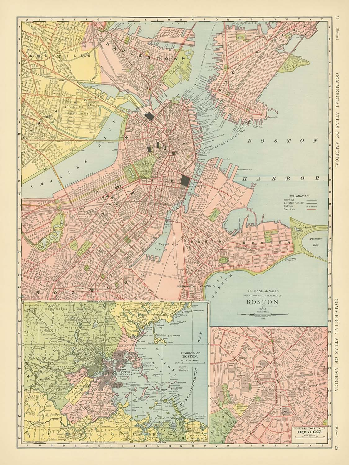 Ancienne carte de Boston, 1912 : port de Boston, South Boston, Roxbury, Boston Common, jardin public