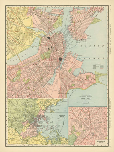 Ancienne carte de Boston, 1912 : port de Boston, South Boston, Roxbury, Boston Common, jardin public